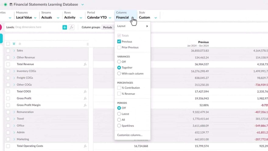 Change your view with the columns menu
